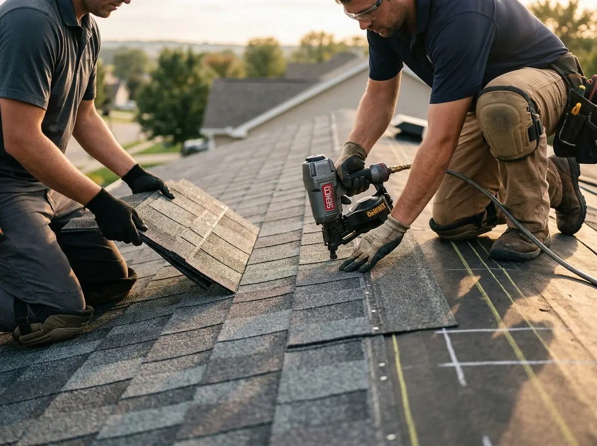Professional roofer working on a residential roof in Middle